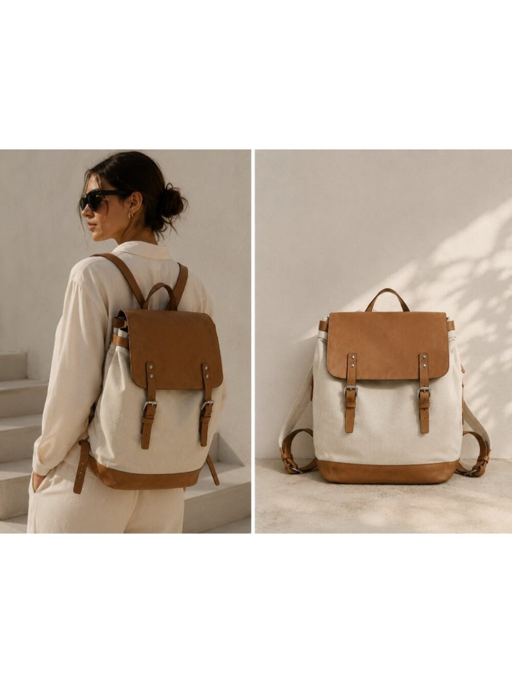Sandqvist Canvas Leather Backpack Beige Tan Roll Top Laptop Travel Rucksack